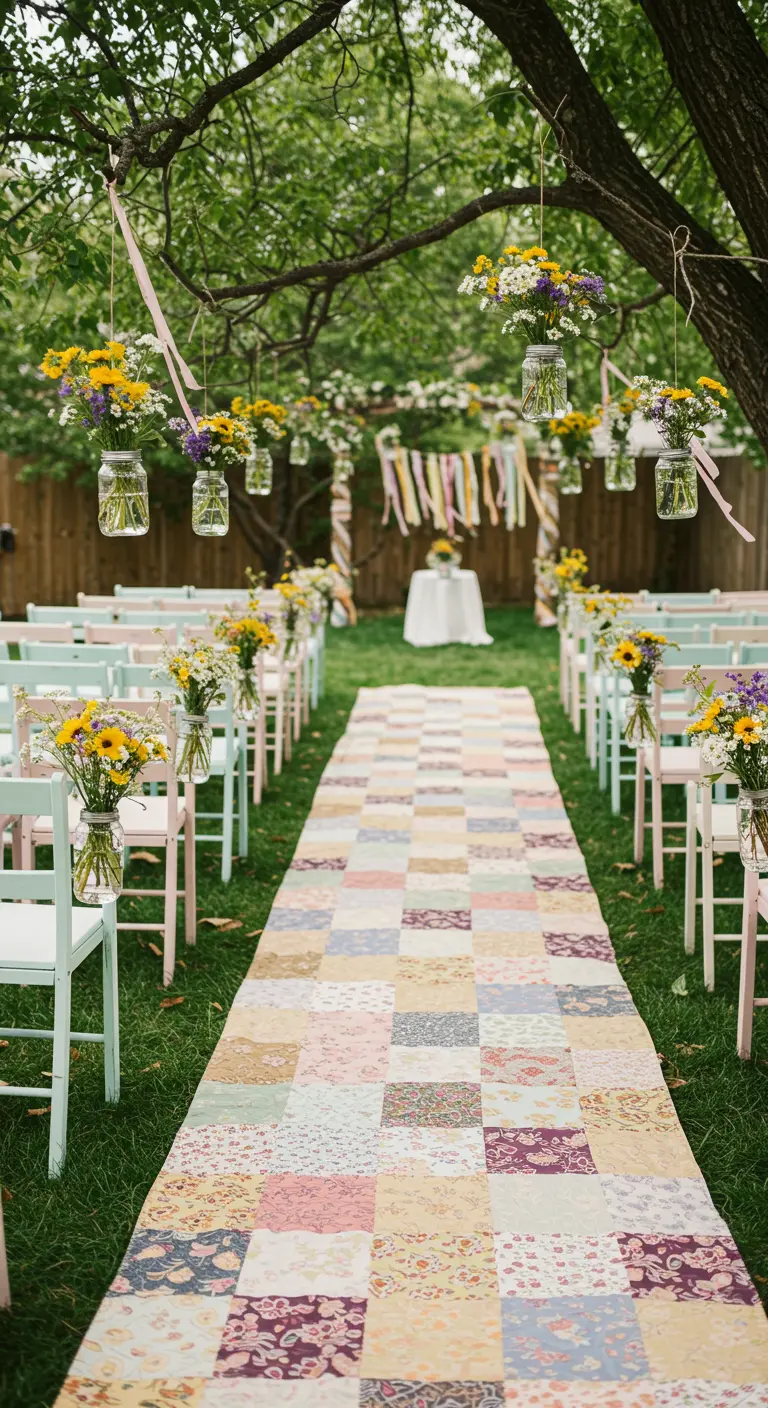 Camino de pasillo de boda hecho con una colcha de patchwork en un jardín.