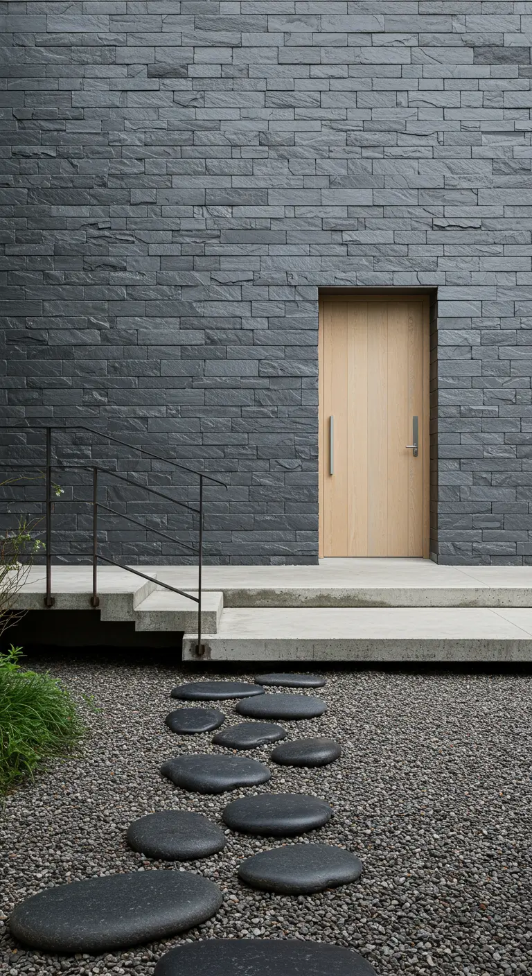 Entrada minimalista con pared de pizarra negra y un camino de piedras de paso sobre grava.