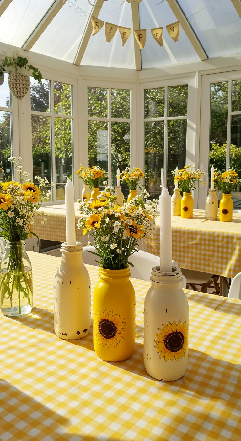 Frascos y botellas pintados con girasoles como portavelas sobre un mantel de cuadros.