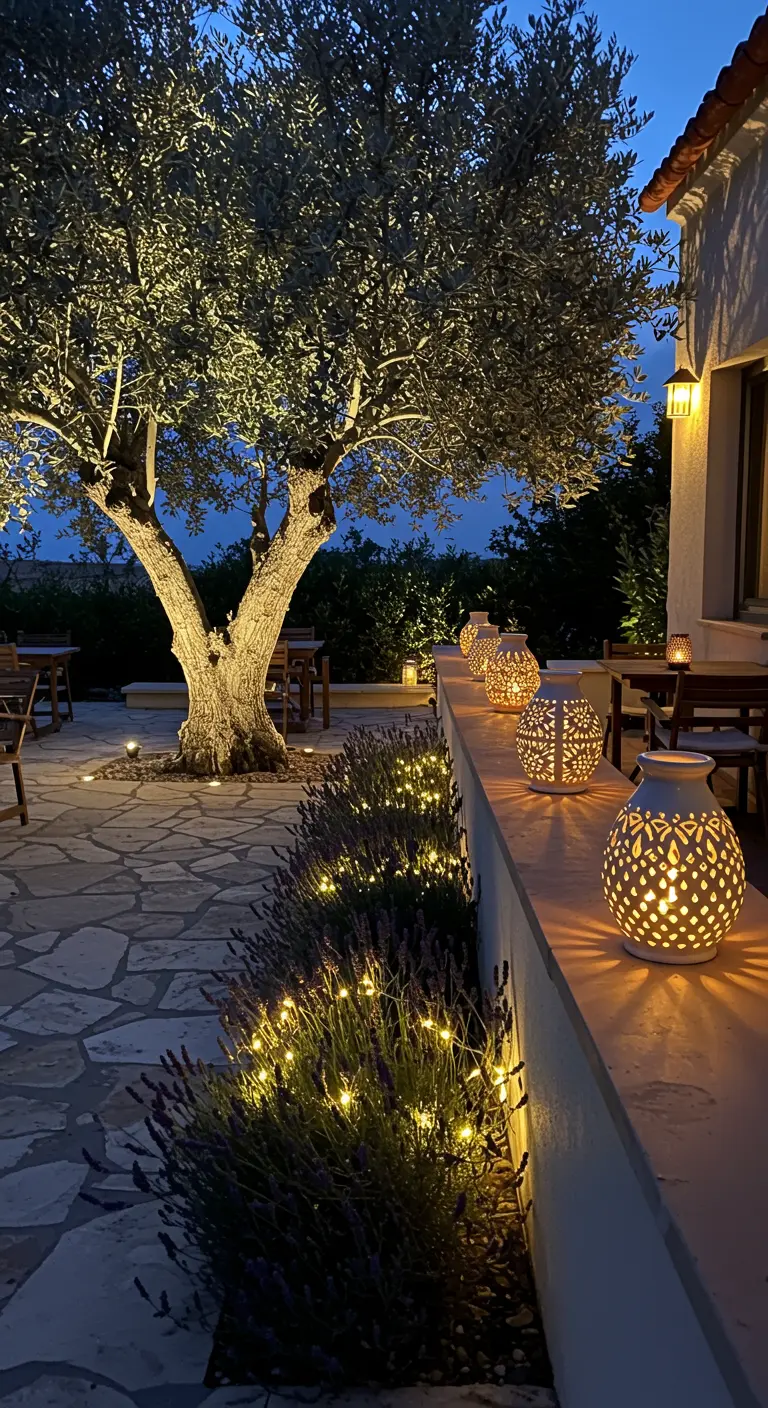 Jardín de lavanda iluminado por la noche con luces solares y farolillos de cerámica calados.