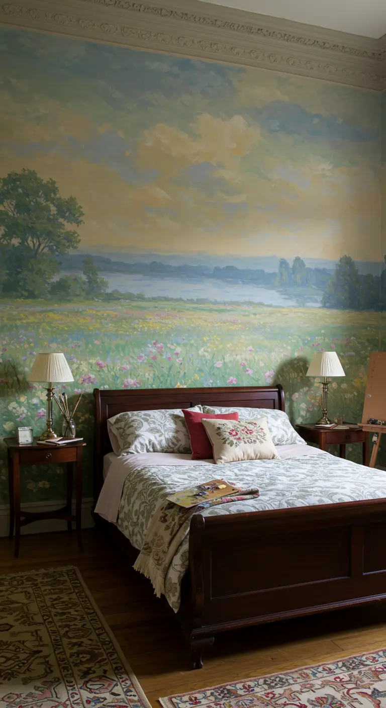 Mural de un paisaje impresionista de un campo de flores en un dormitorio de estilo clásico.