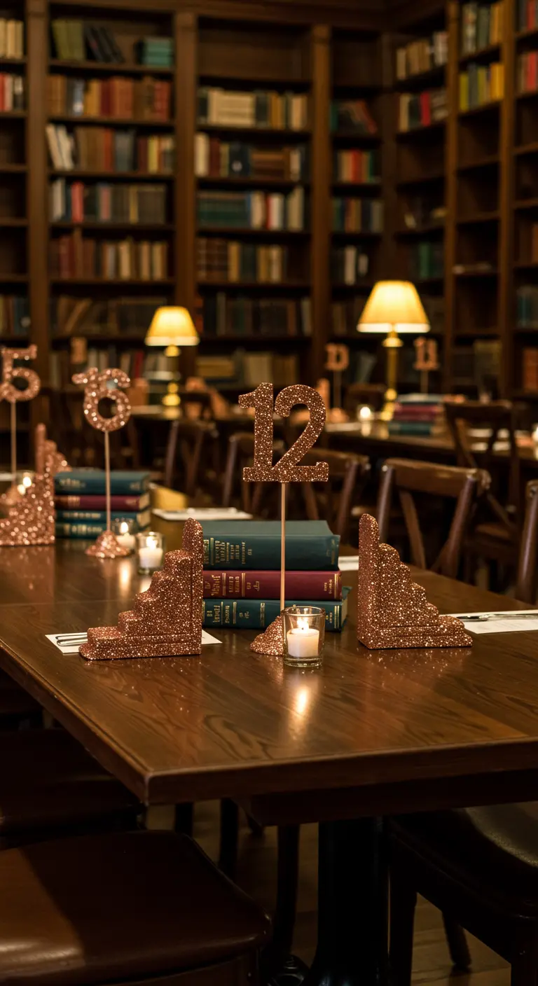 Número de mesa de glitter color bronce sobre una pila de libros antiguos en una biblioteca.