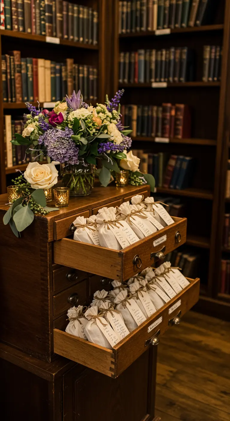 Cajones de un fichero de biblioteca abiertos y llenos de bolsitas de lavanda con etiquetas.