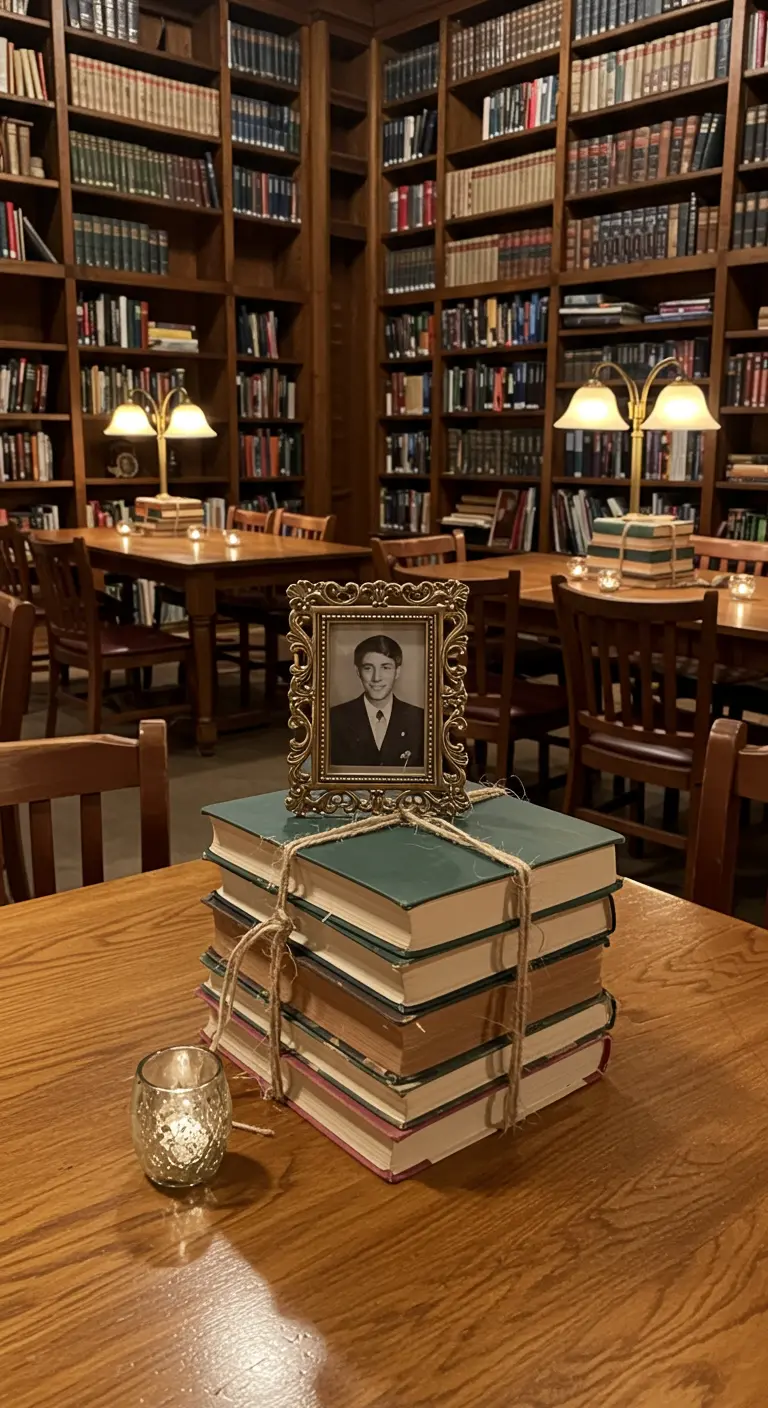 Foto enmarcada en dorado sobre una pila de libros atados con cuerda en una biblioteca.
