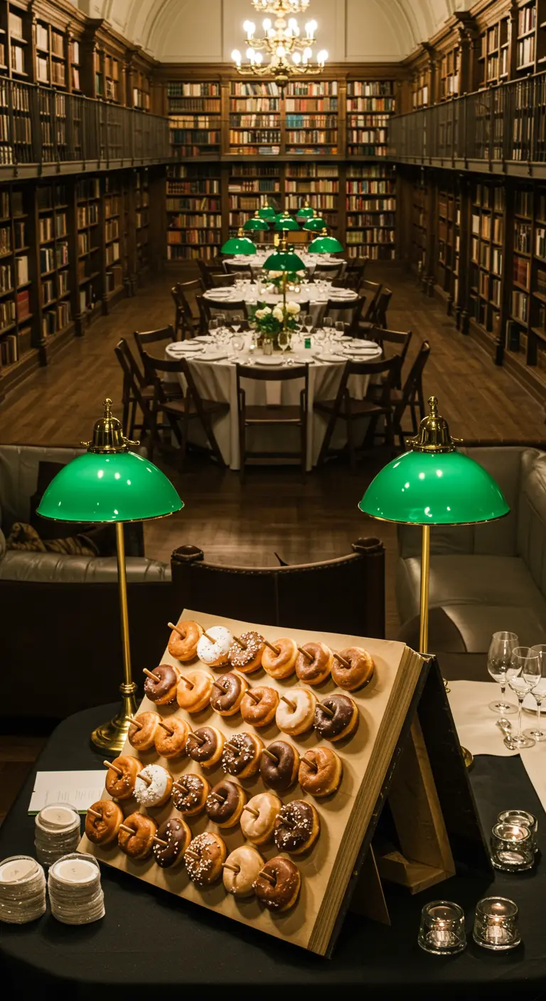 Expositor de donuts con forma de libro abierto sobre un atril en una elegante biblioteca.