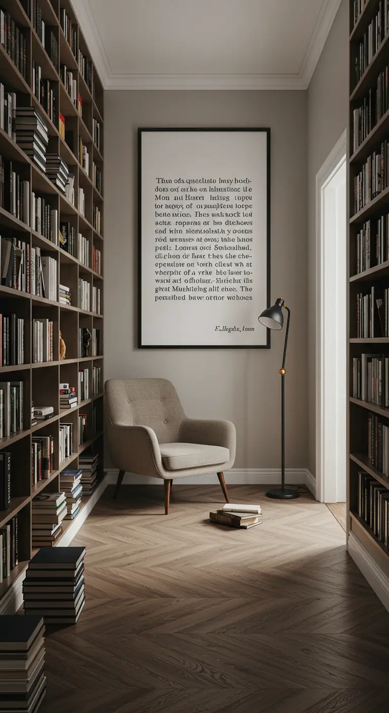 Pasillo convertido en biblioteca con un gran cuadro que muestra una página de un libro enmarcada.
