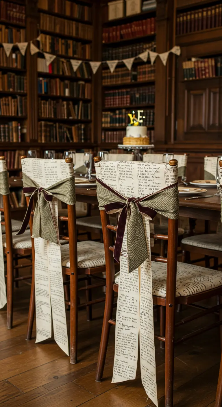 Sillas de madera en una biblioteca decoradas con lazos hechos de tela con estampado de texto de libro.