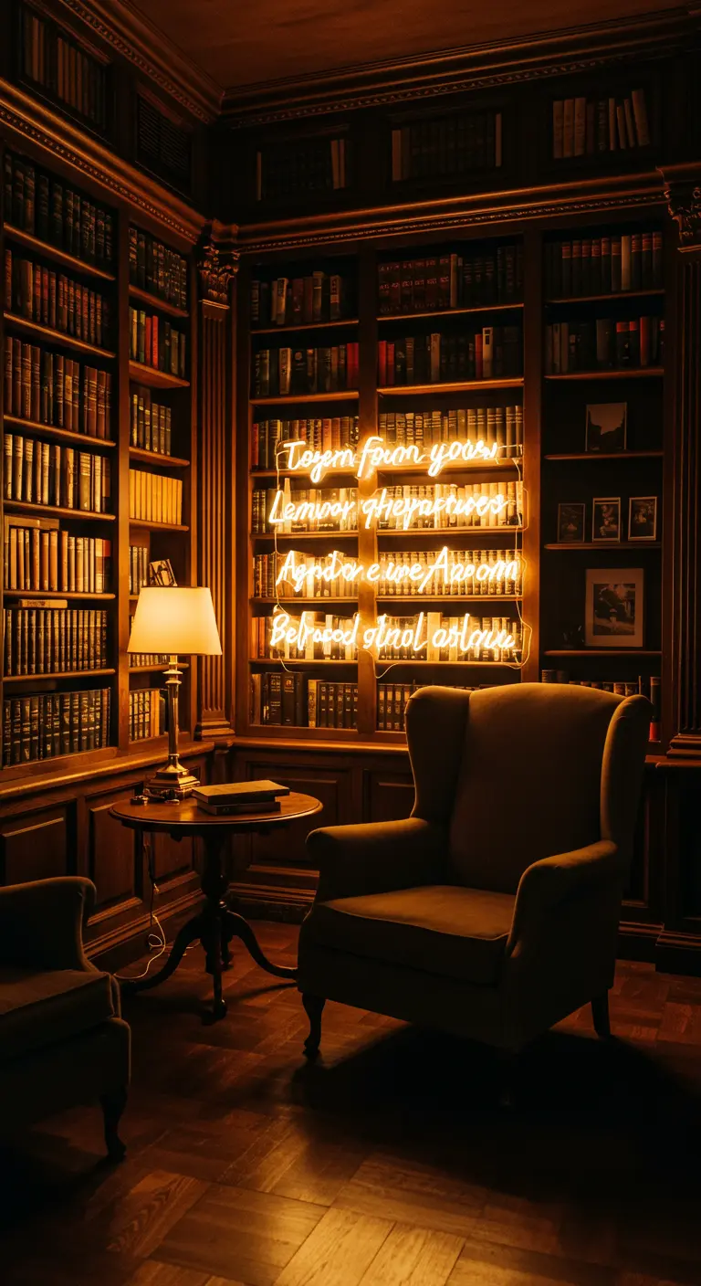 Biblioteca clásica con un sillón y un letrero de neón con una frase entre los libros.