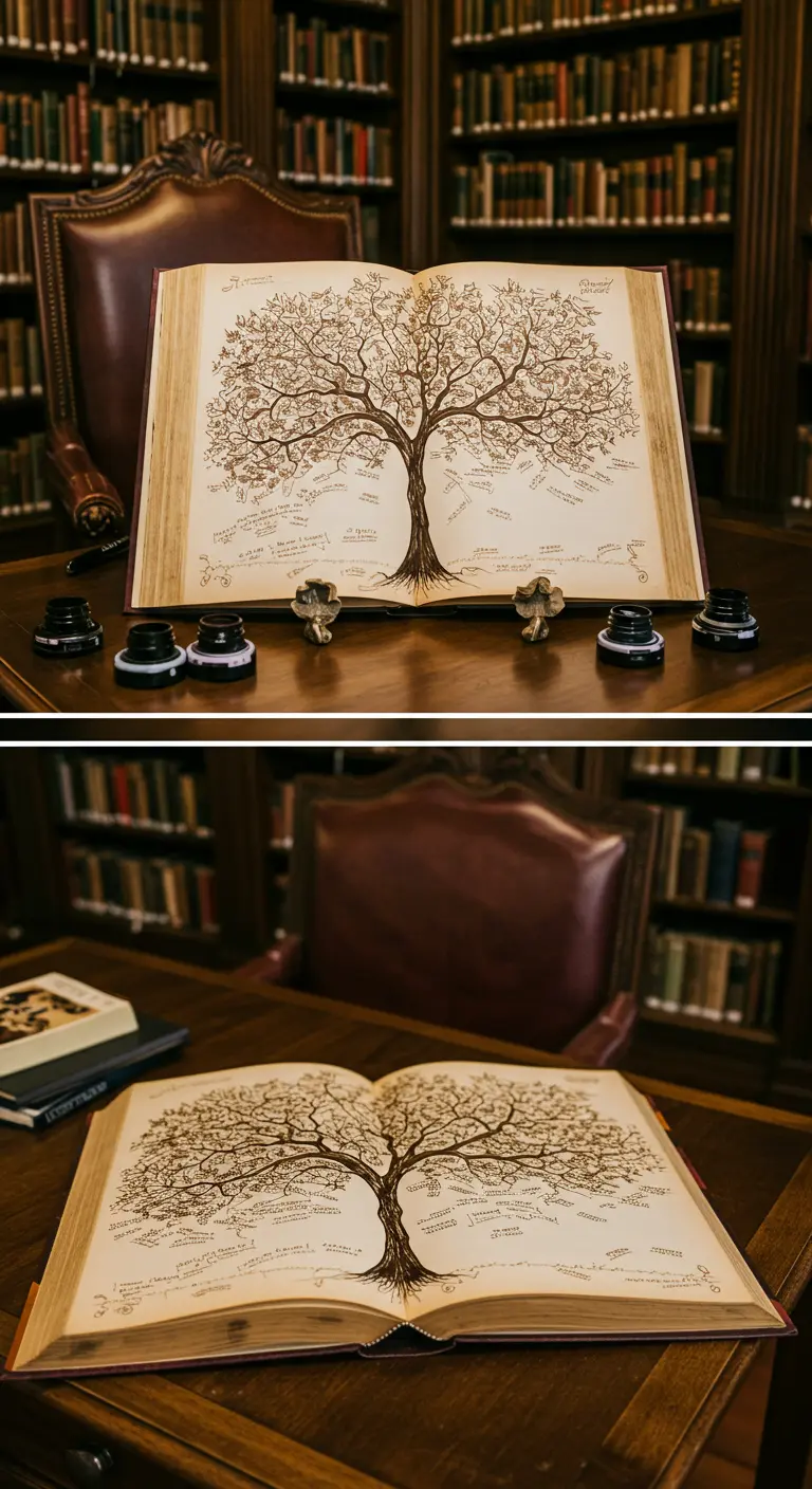 Árbol de huellas impreso en las páginas de un libro antiguo abierto en una biblioteca.
