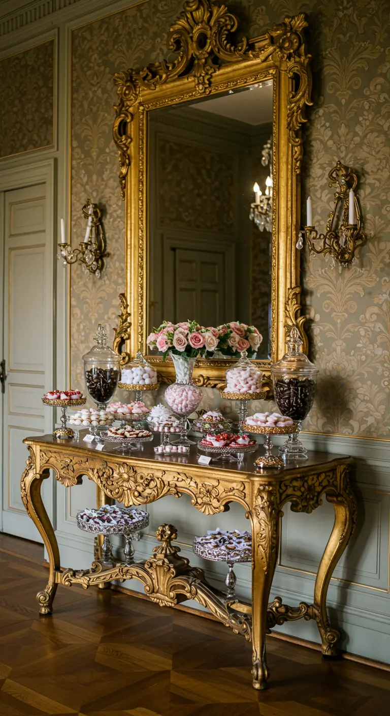 Candy bar sobre una opulenta mesa consola dorada de estilo antiguo con un gran espejo.