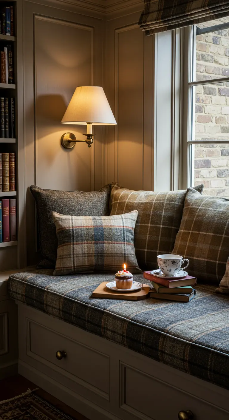 Rincón de lectura en una ventana con cojines de cuadros y un cupcake con vela.