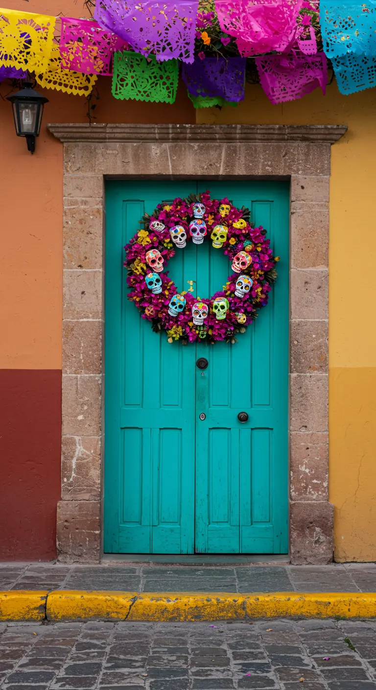 Corona floral con calaveras de azúcar de colores sobre una puerta turquesa.