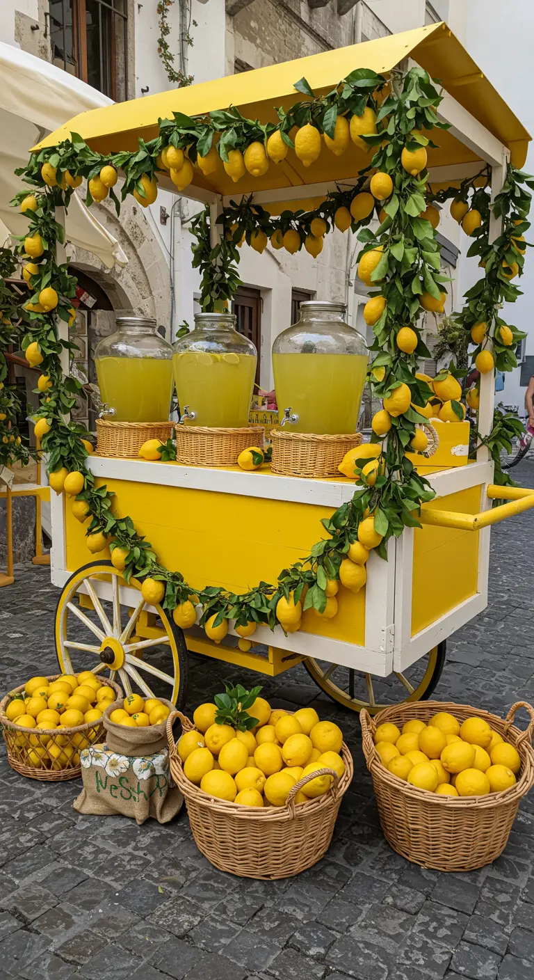 Carrito de limonada amarillo y blanco adornado con guirnaldas de limones frescos.