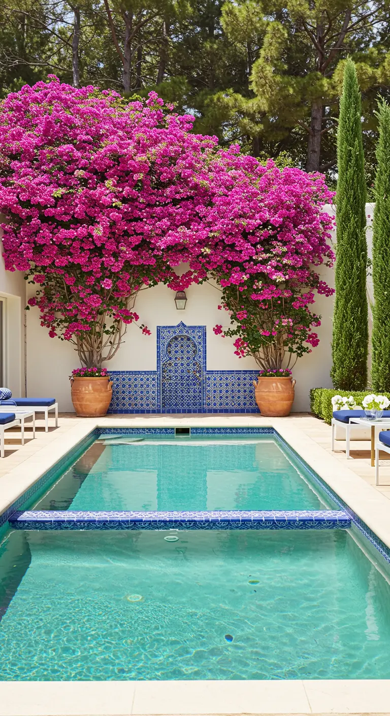 Piscina rodeada de azulejos azules, con dos buganvillas fucsias en grandes macetas de terracota.