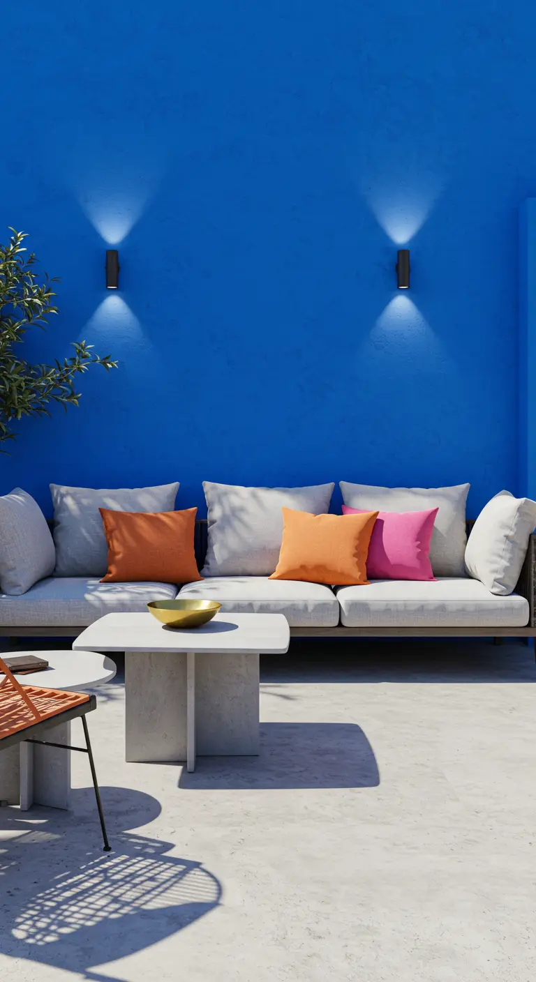 Pared de un intenso azul eléctrico en una terraza con un sofá gris claro y cojines de colores vivos.