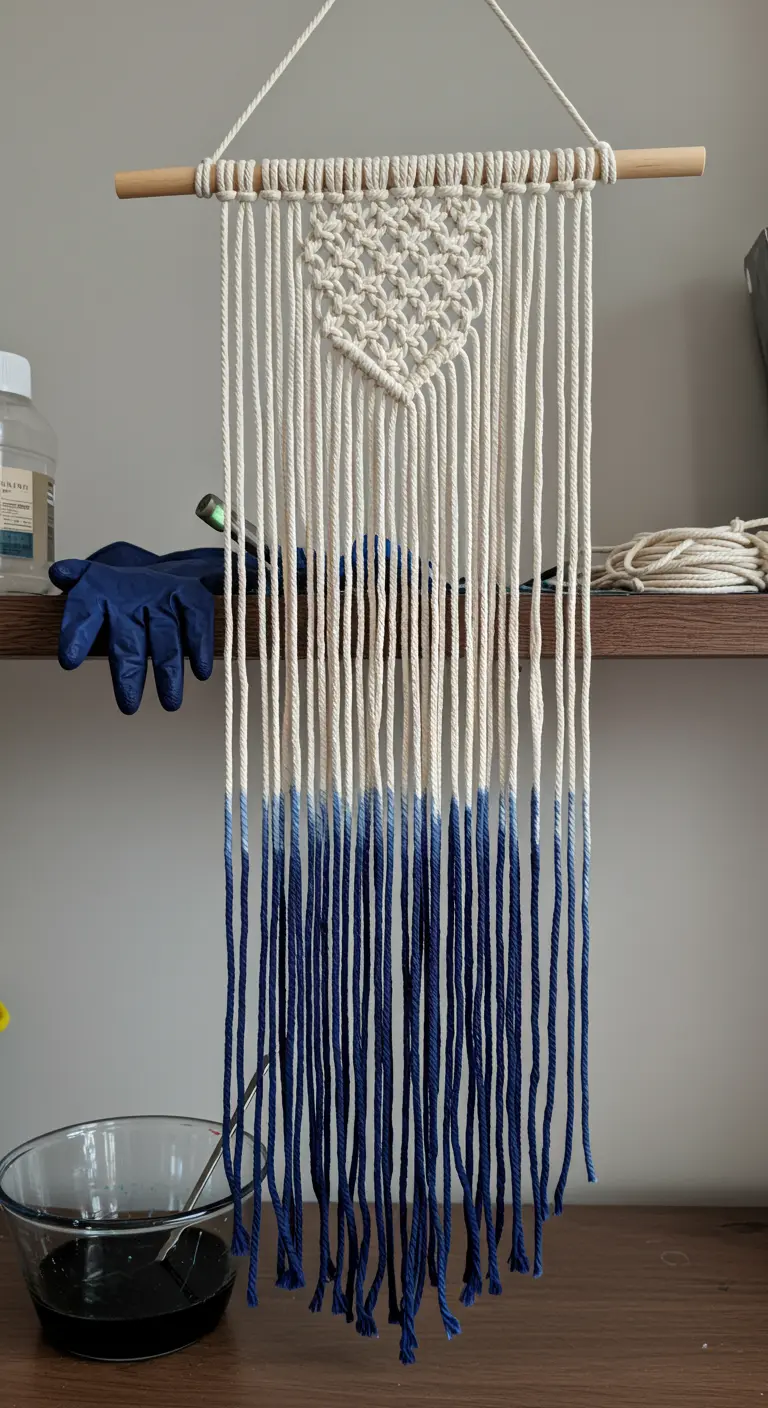 Tapiz de macramé blanco y azul en proceso de teñido por inmersión con un cuenco de tinte.