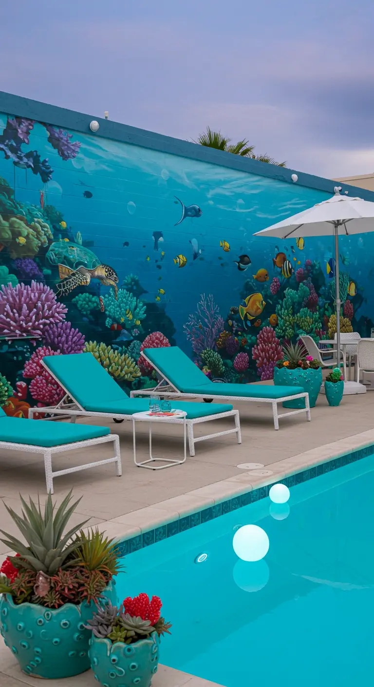 Pared junto a una piscina con un enorme y colorido mural de un arrecife de coral submarino.