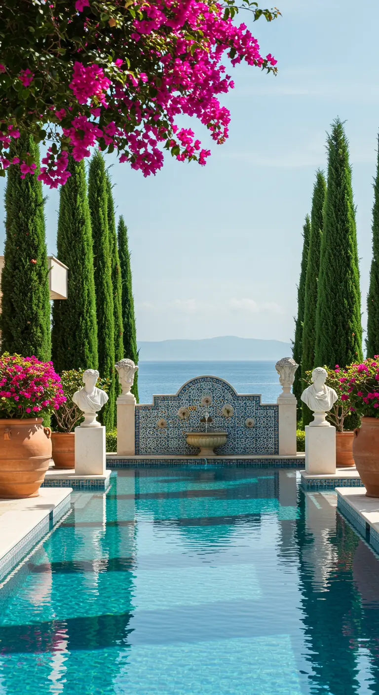 Piscina alargada con una fuente de mosaico azul, bustos clásicos y buganvillas fucsias.