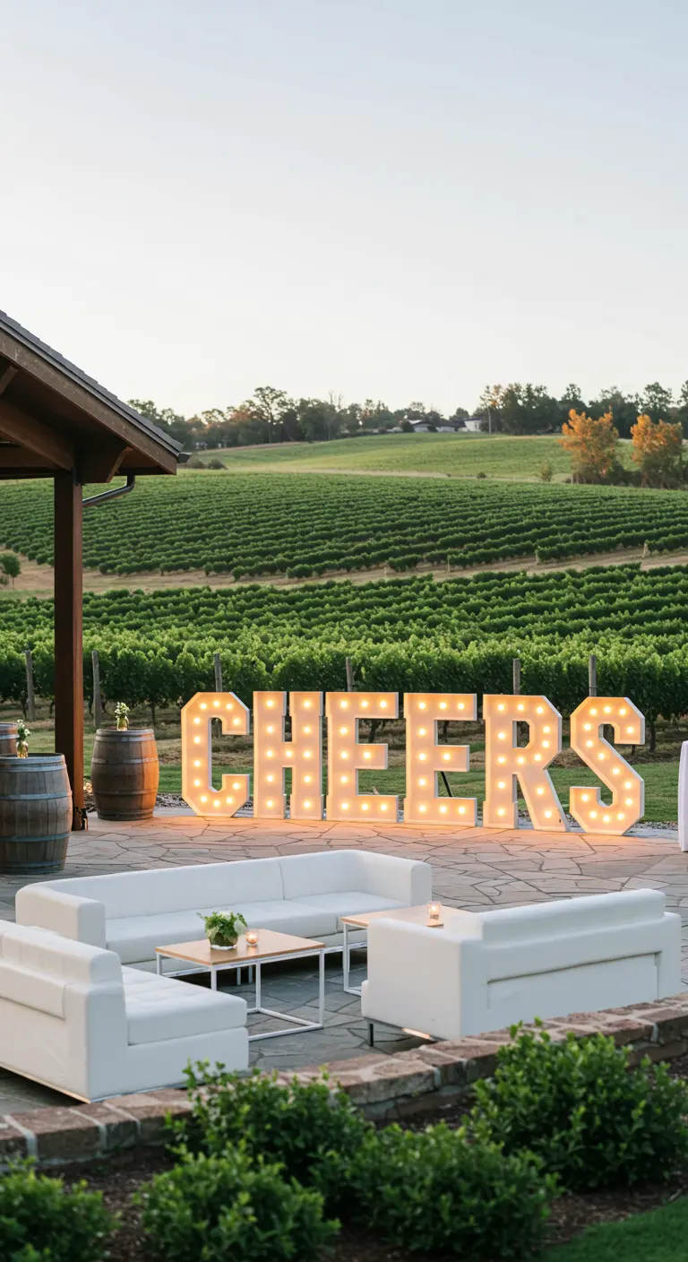 Letras luminosas gigantes con la palabra CHEERS en el patio de un viñedo.