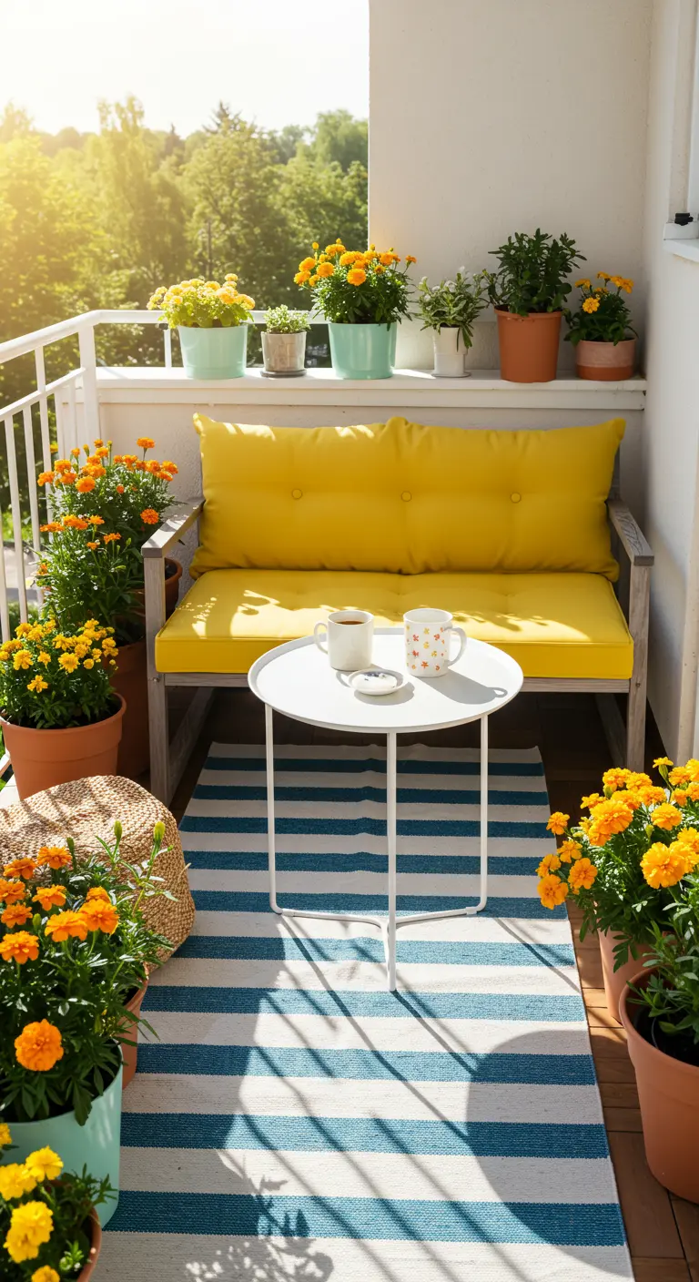 Balcón soleado con un banco con cojín amarillo, alfombra de rayas y macetas con flores naranjas.