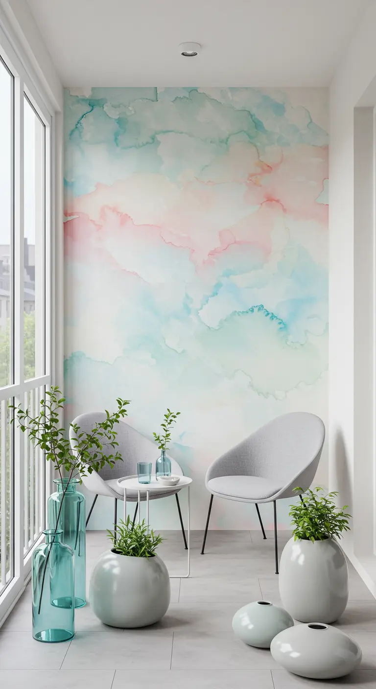 Balcón moderno y minimalista con una pared pintada con un suave efecto de acuarela en pastel.