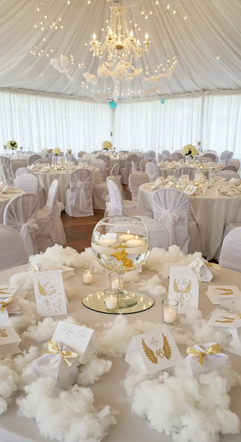Mesa de celebración decorada con nubes de algodón, velas flotantes y papelería con alas doradas.