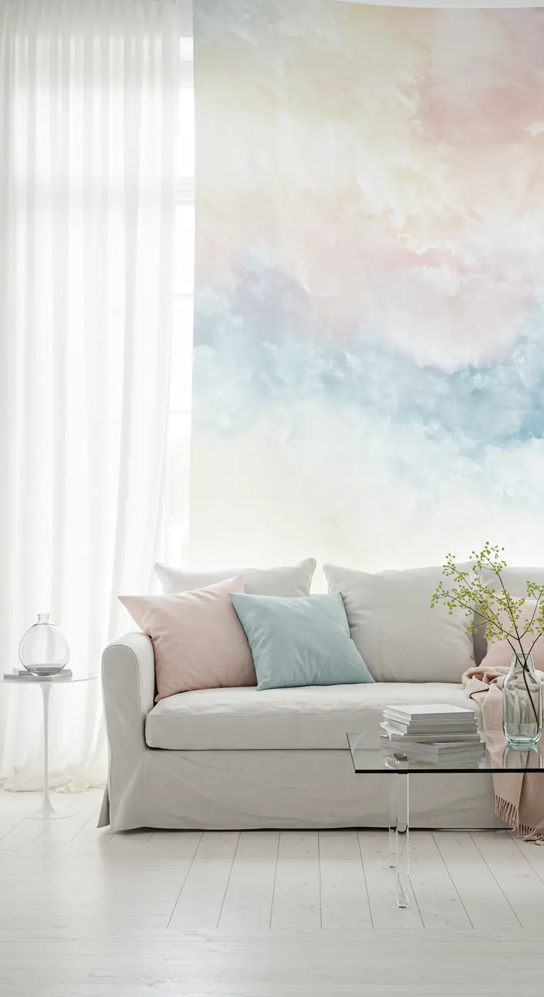 Tapiz de nubes abstractas en tonos pastel en una sala de estar luminosa y minimalista.