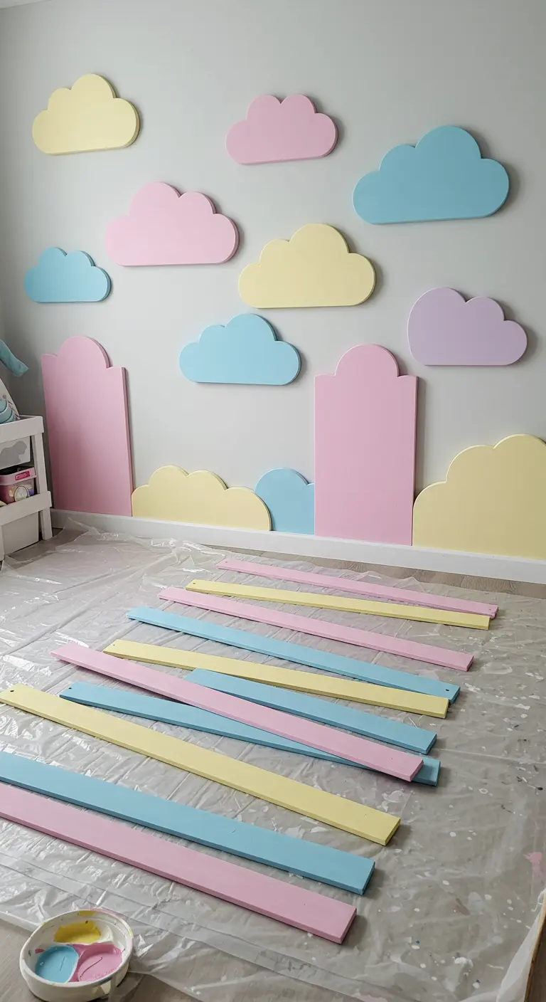 Decoración de pared para habitación infantil con nubes y lamas de persiana pintadas en colores pastel