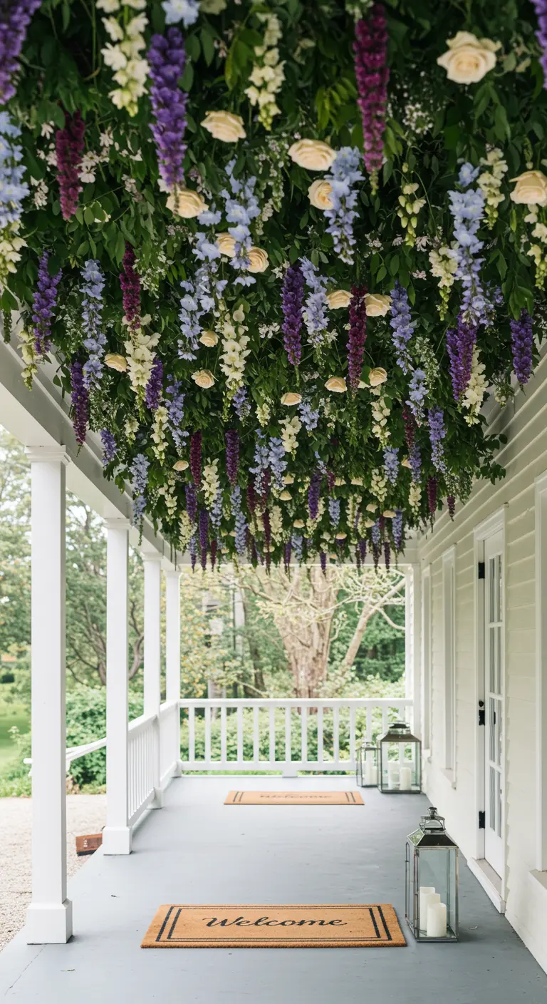 Techo de un porche completamente cubierto con una instalación de flores colgantes en tonos blancos, azules y morados.