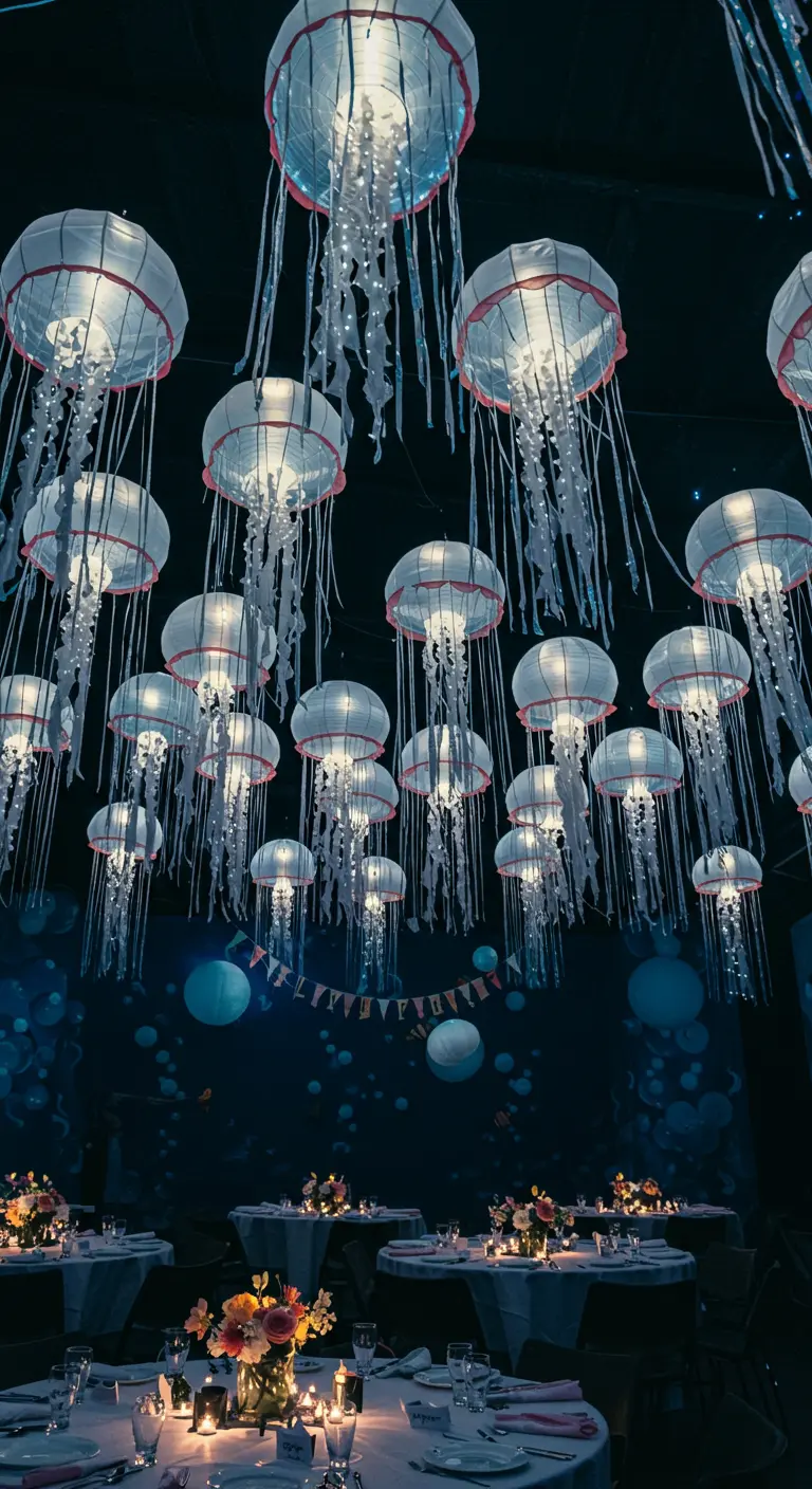 Techo decorado con docenas de lámparas de papel convertidas en medusas luminosas.