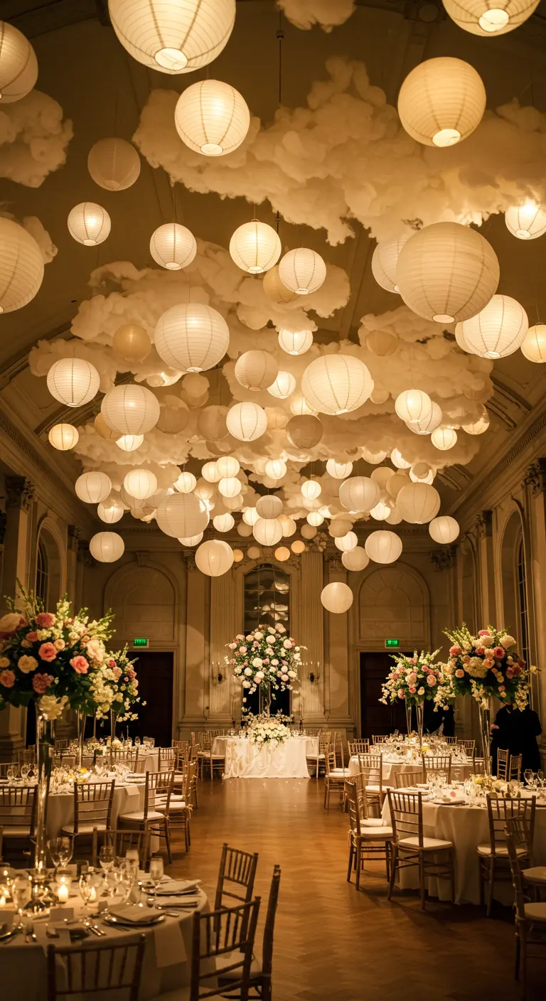 Salón de bodas con el techo cubierto de farolillos de papel blanco y nubes artificiales.