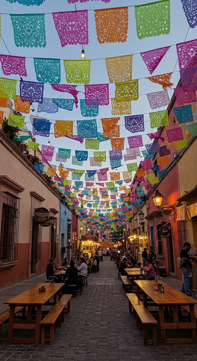 Calle colonial decorada con hileras de papel picado de colores vivos.
