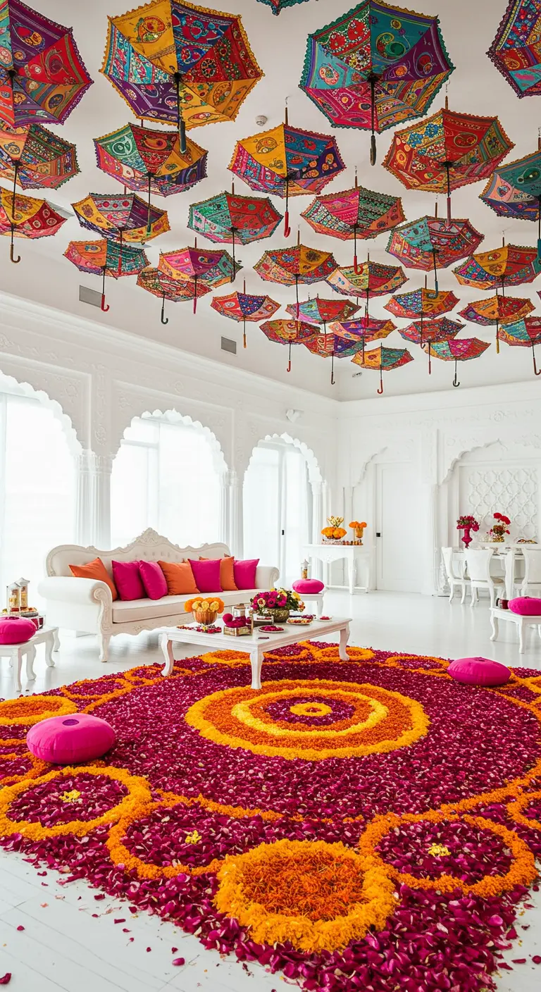 Techo de una sala blanca cubierto de sombrillas indias de colores colgadas boca abajo.