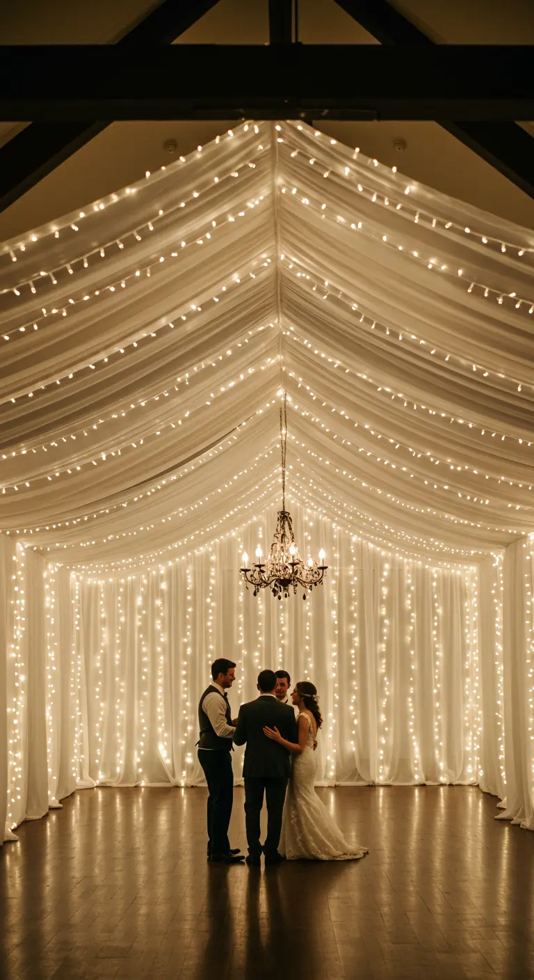 Salón de bodas con el techo cubierto de tela blanca drapeada y luces de hadas.