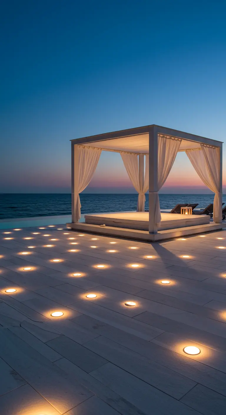 Terraza de madera blanca junto al mar con cama con dosel y decenas de focos en el suelo.