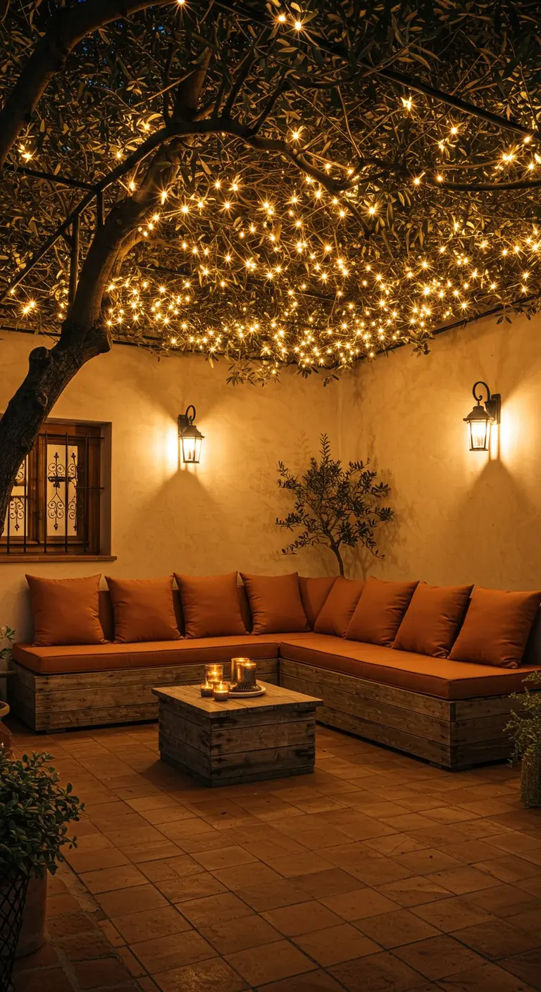 Patio rústico con un sofá de madera DIY y un techo cubierto de guirnaldas de luces cálidas