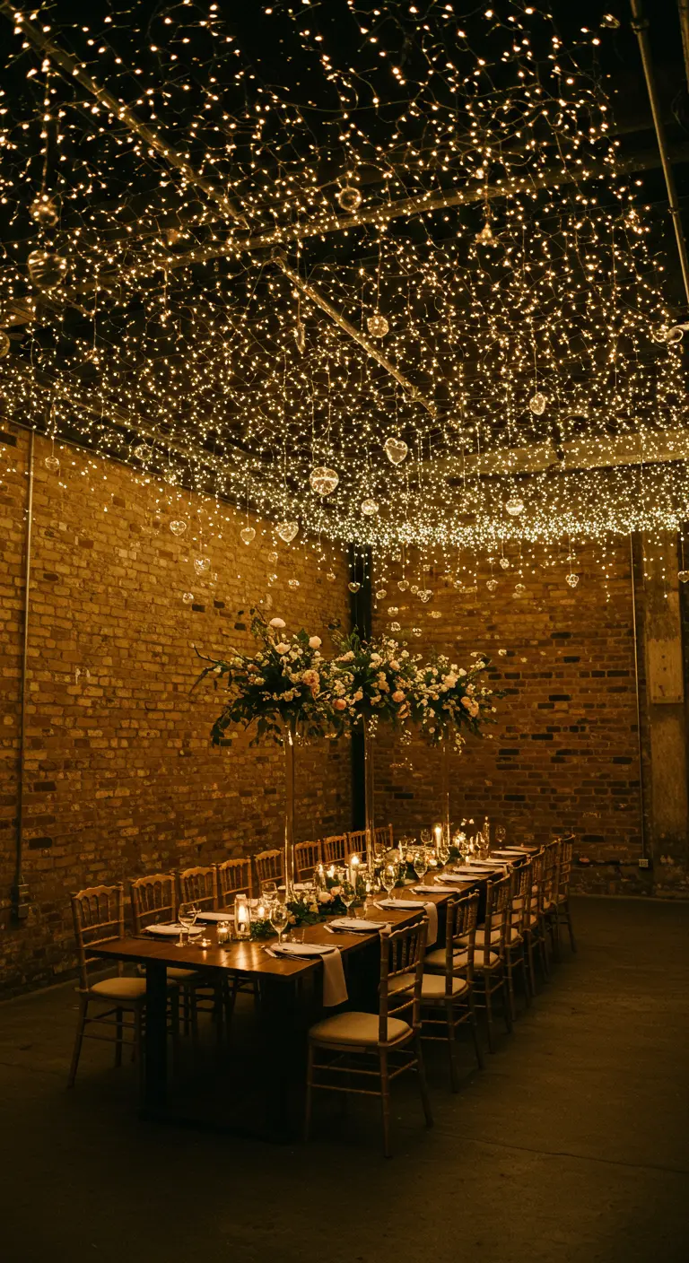 Salón de bodas con techo cubierto de luces de hadas y corazones de cristal.