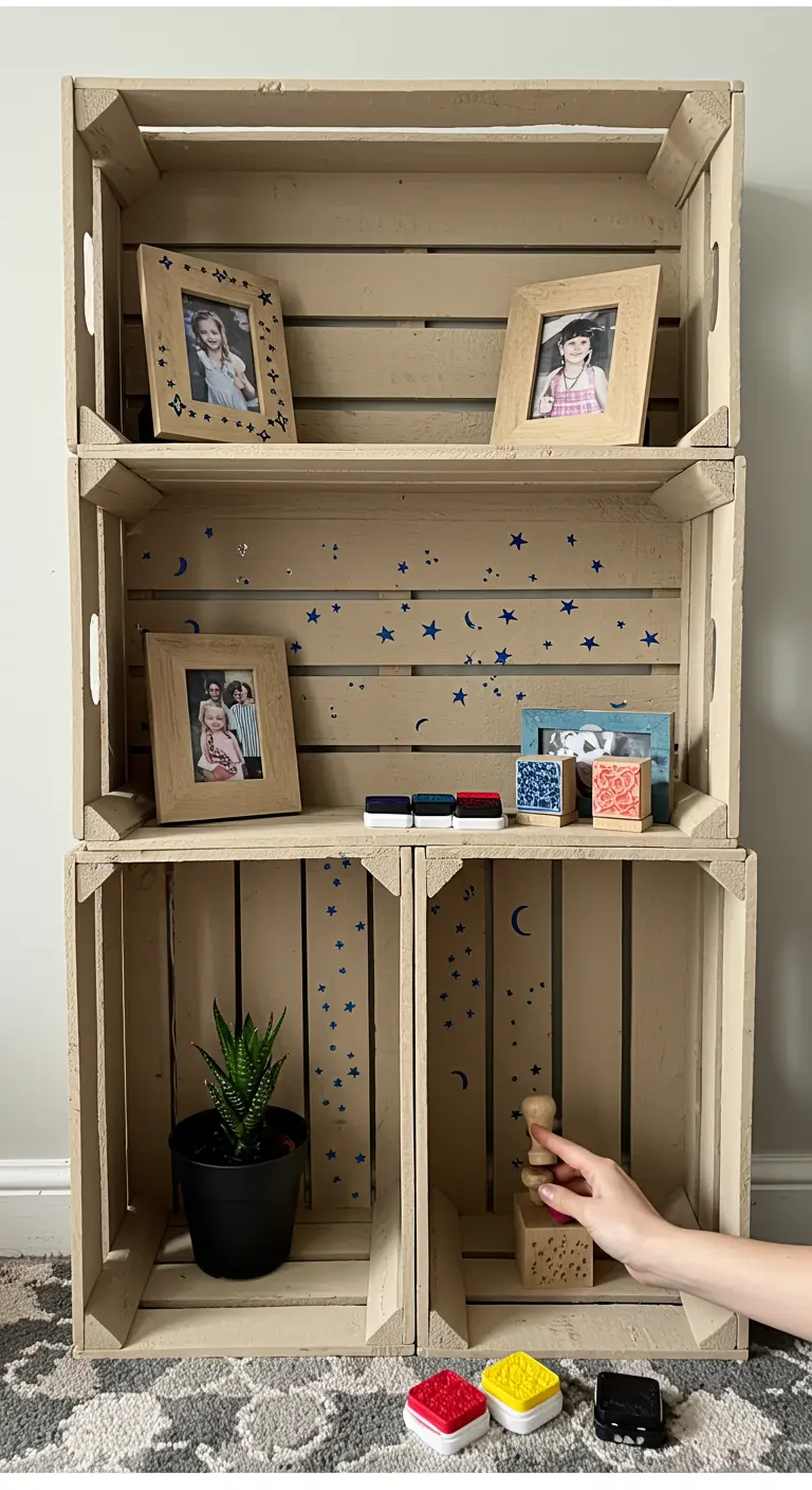 Estantería de cajas de madera color crema decoradas con sellos de estrellas y lunas azules.