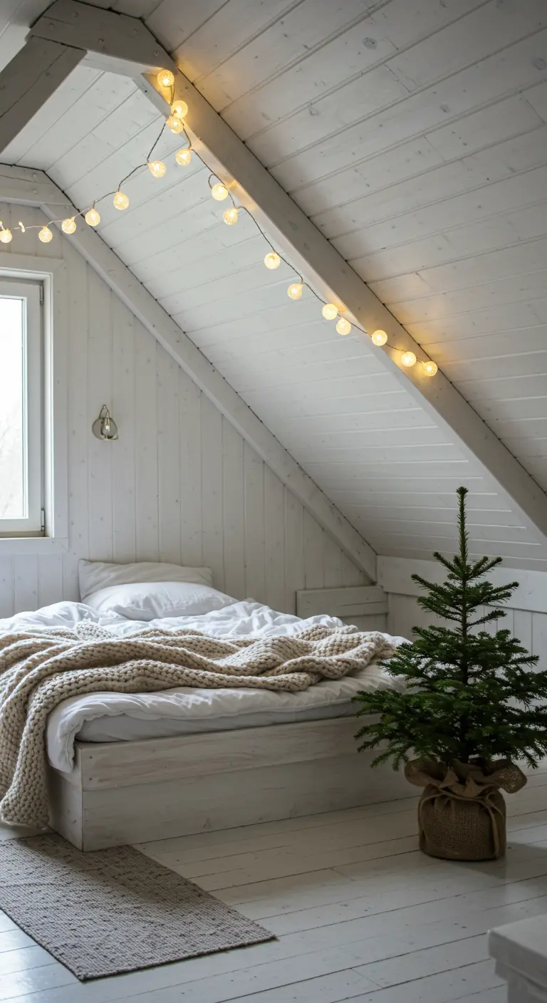 Dormitorio abuhardillado con paredes de madera blanca y una guirnalda de luces cálidas en el techo