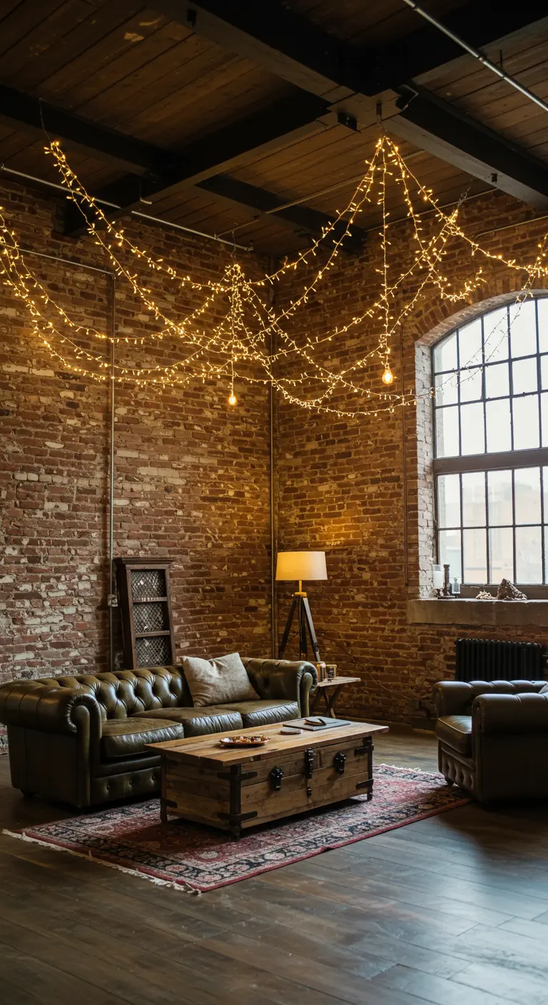 Sala de estar tipo loft con paredes de ladrillo y luces de hadas colgando del techo