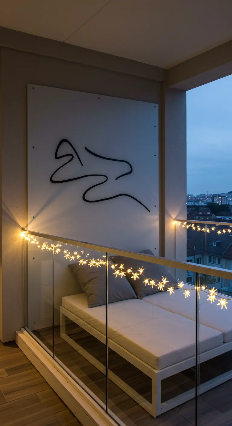 Balcón moderno con una cama de día, un panel de arte abstracto y una guirnalda de luces de estrellas