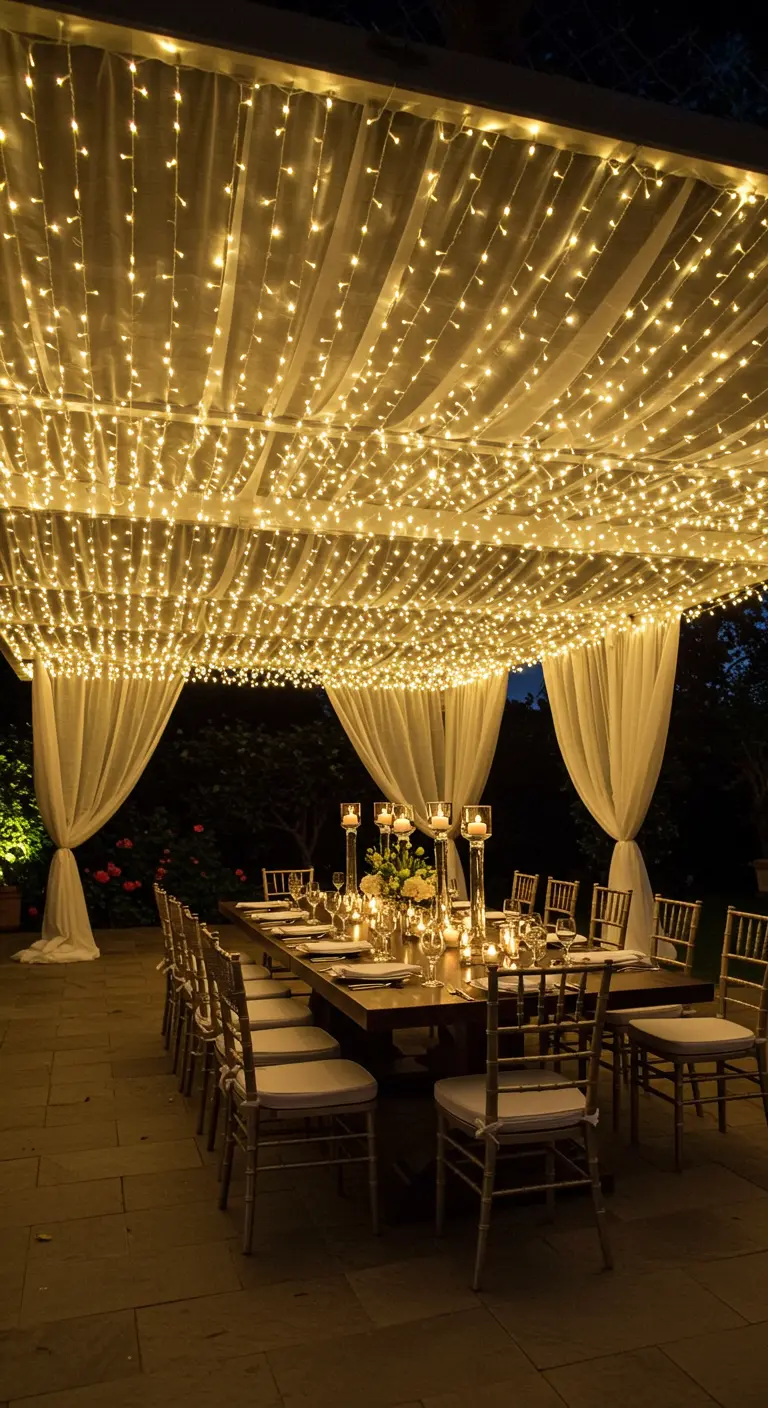 Patio exterior con un denso techo de luces de hadas sobre una mesa de comedor, creando un efecto de cielo estrellado.