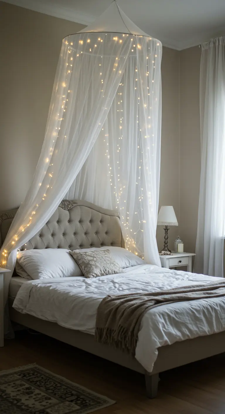 Cama con dosel de tul blanco iluminado por una guirnalda de luces cálidas.