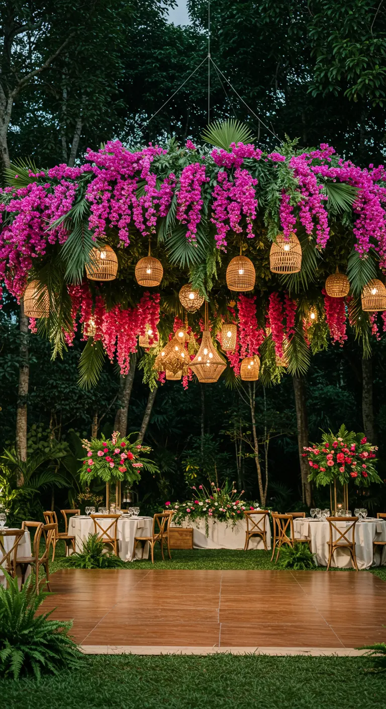 Instalación floral colgante con buganvillas y lámparas de ratán sobre una pista de baile.