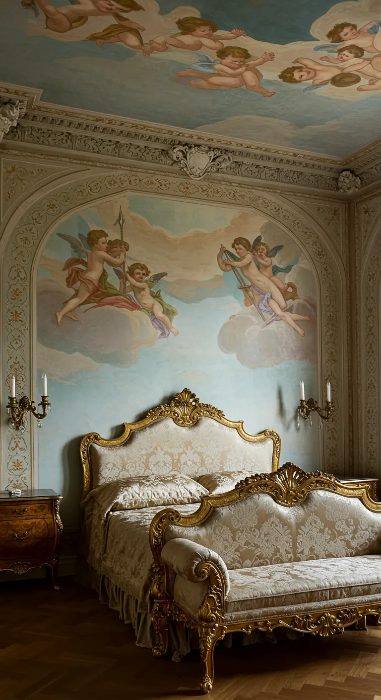 Mural de estilo rococó con querubines y nubes en un dormitorio clásico y lujoso.