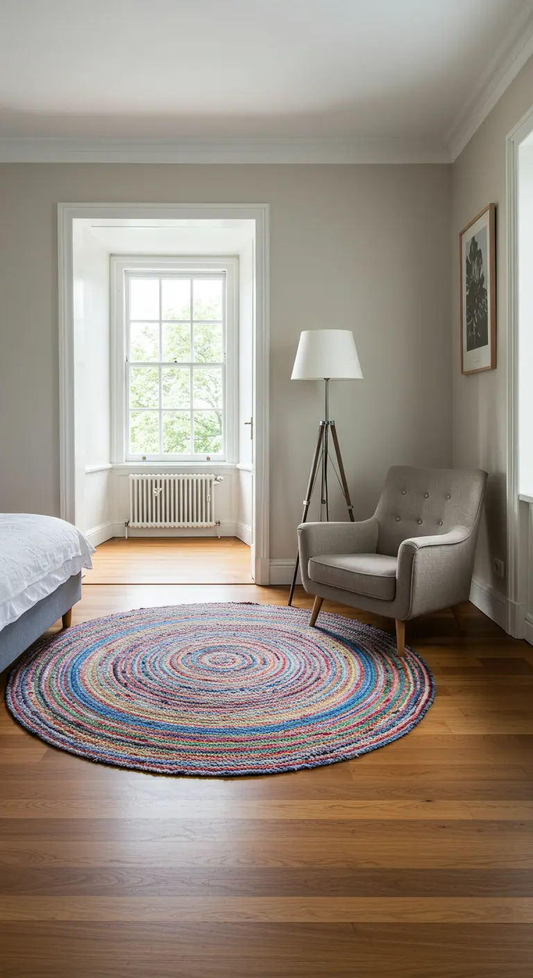 Rincón de lectura en un dormitorio con una alfombra redonda trenzada multicolor.