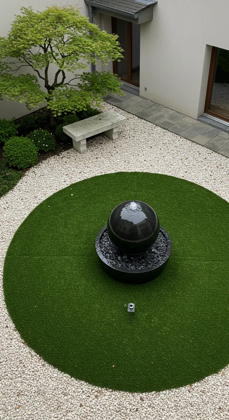 Jardín zen con césped artificial circular, grava blanca y fuente de esfera negra.