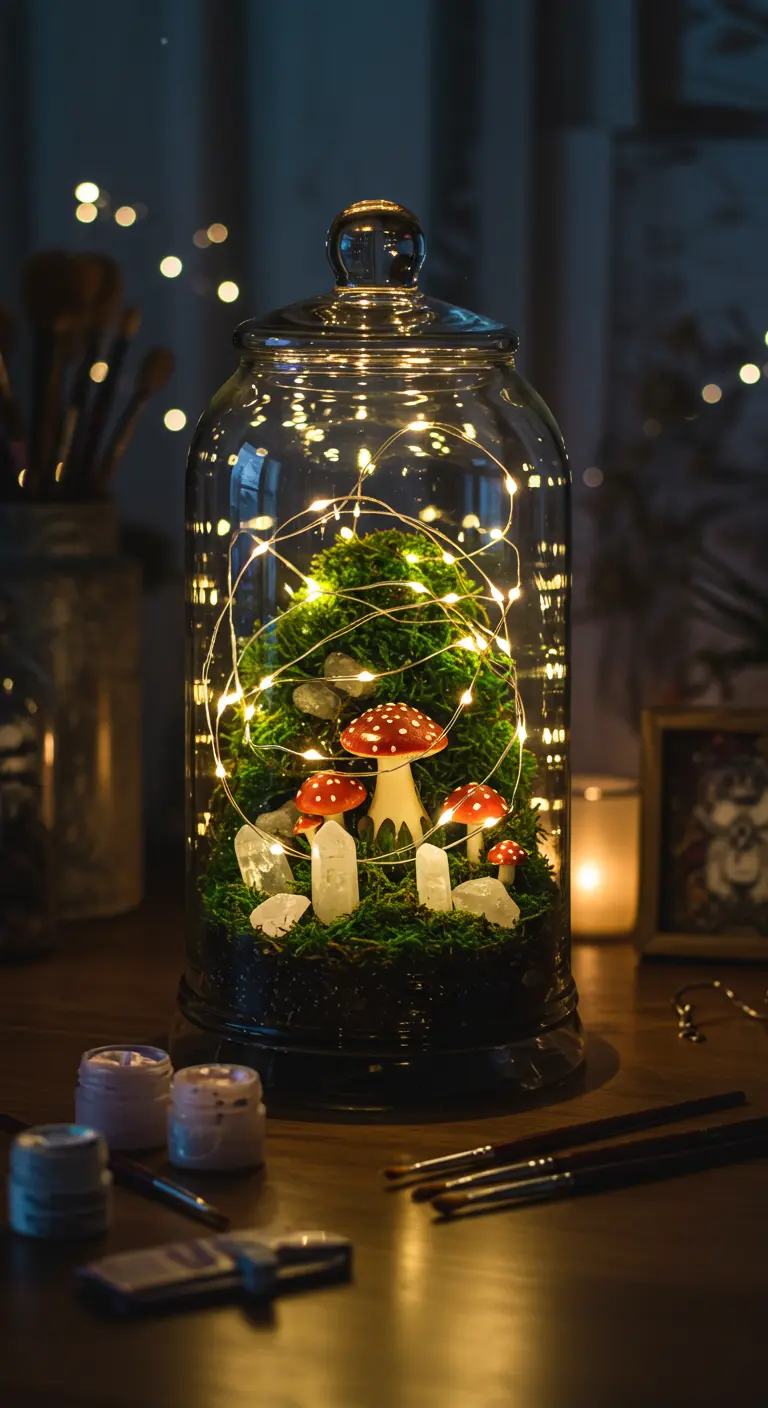 Un terrario en una campana de cristal con musgo, setas de cerámica y luces LED cálidas entrelazadas.