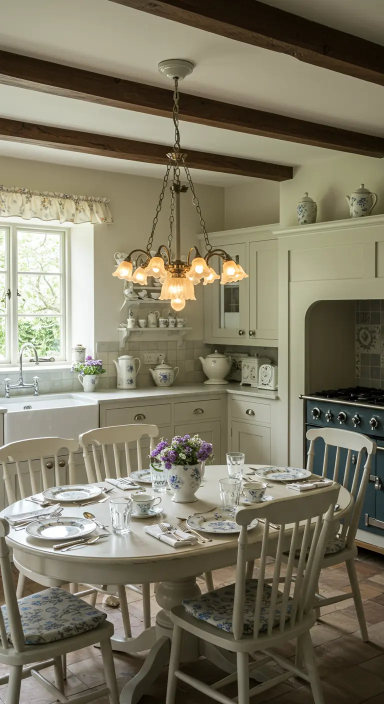 Comedor de cocina cottage clásico con muebles color crema, mesa ovalada y una gran lámpara de araña.