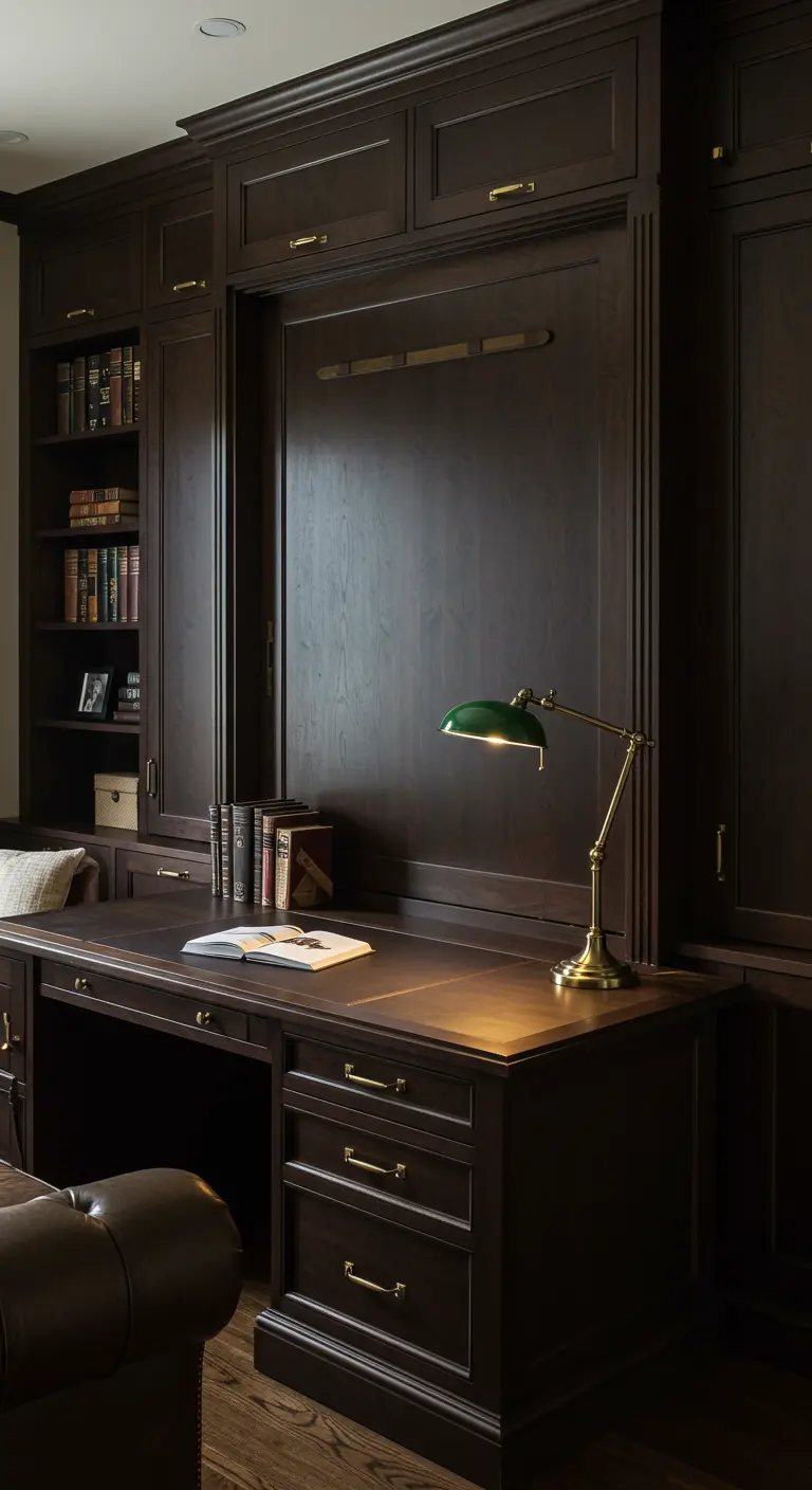Despacho clásico con un gran escritorio de madera oscura que forma parte de una cama abatible.